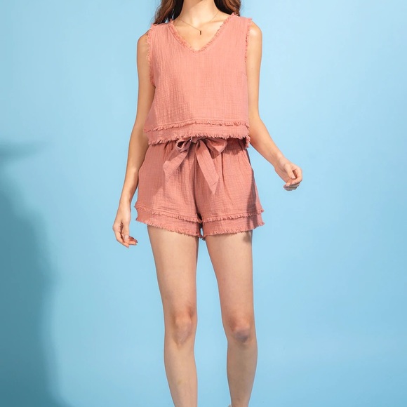 NWT Frayed detail cotton textured gauze top & High Waisted shorts set - Picture 5 of 9
